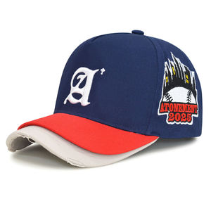 Casquettes de baseball 5 panneaux personnalisées en sergé vieilli à double visière, broderie 3D en relief, visière double couche incurvée, fermeture snapback sport 100% - Product Image 5