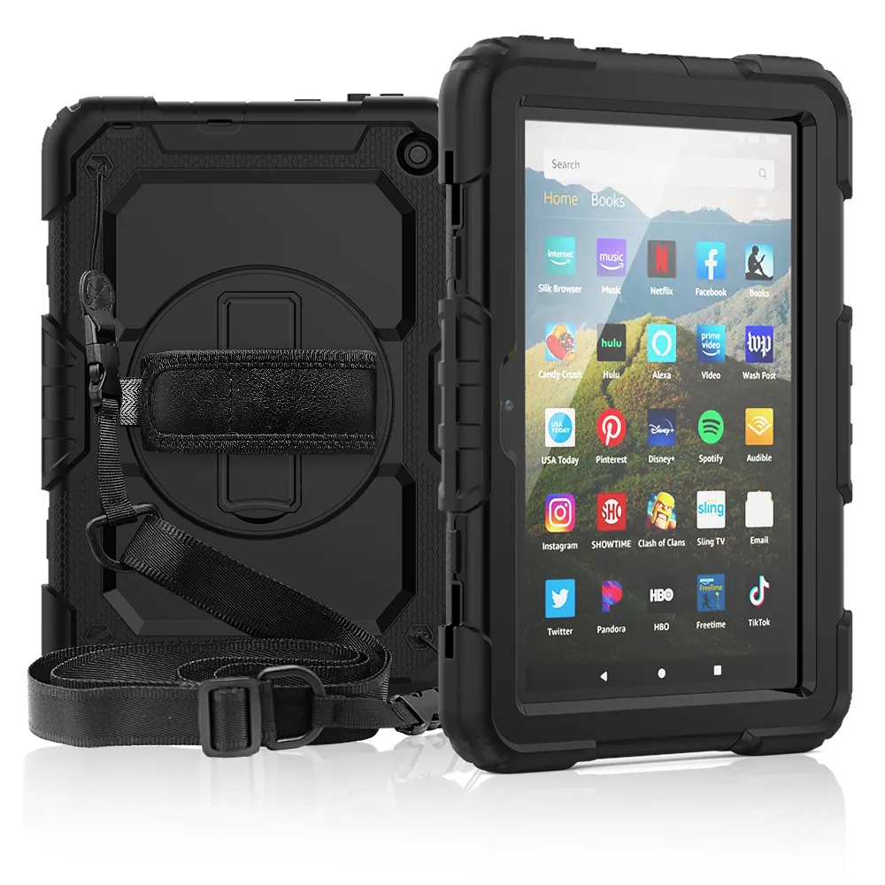 Funda protectora de silicona para tableta Amazon kindle fire HD 8 plus, correa de mano con rotación de 360 grados y soporte de apoyo, 2020