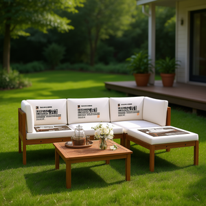 Ensemble de salon de jardin 5 pièces en bois d'acacia massif, blanc crème, meubles d'extérieur résistants aux intempéries, design contemporain - Product Image 2