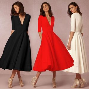 Femmes col en V couleur unie A-line <span class=keywords><strong>robes</strong></span> de style longues vêtements pour femmes dame élégante Europe <span class=keywords><strong>Sexy</strong></span> fête grand ourlet robe décontractée - Product Image 3