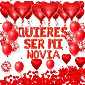 Kit de ballons pour proposition de mariage en espagnol « Quieres Ser Mi Novia », ballons en forme de cœur rouge avec confettis de pétales de rose, ensemble de ballons pour décoration de fête de fiançailles - Product Image 1