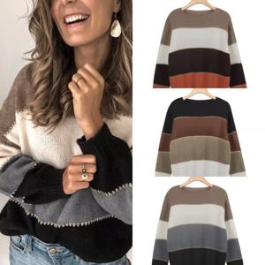 Suéter Casual Europeo y Americano para <span class=keywords><strong>Mujer</strong></span>, Otoño e Invierno, Nuevo, Cuello Redondo a <span class=keywords><strong>Rayas</strong></span>, Jersey de Punto de Manga Larga - Product Image 1