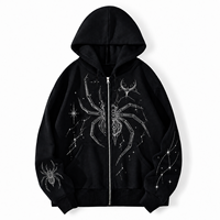 Sweat à capuche zippé surdimensionné pour homme avec motif araignée en strass, style gothique Y2K streetwear, en molleton épais, conception OEM personnalisée