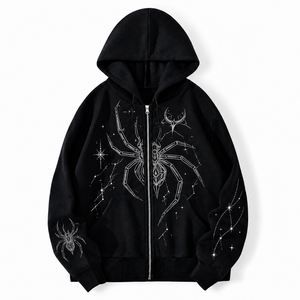 Felpa con Cappuccio Nera Oversize da Uomo con Zip e Grafica <span class=keywords><strong>Ragno</strong></span> in Strass, Stile Gotico Y2K Streetwear Pesante - Product Image 1