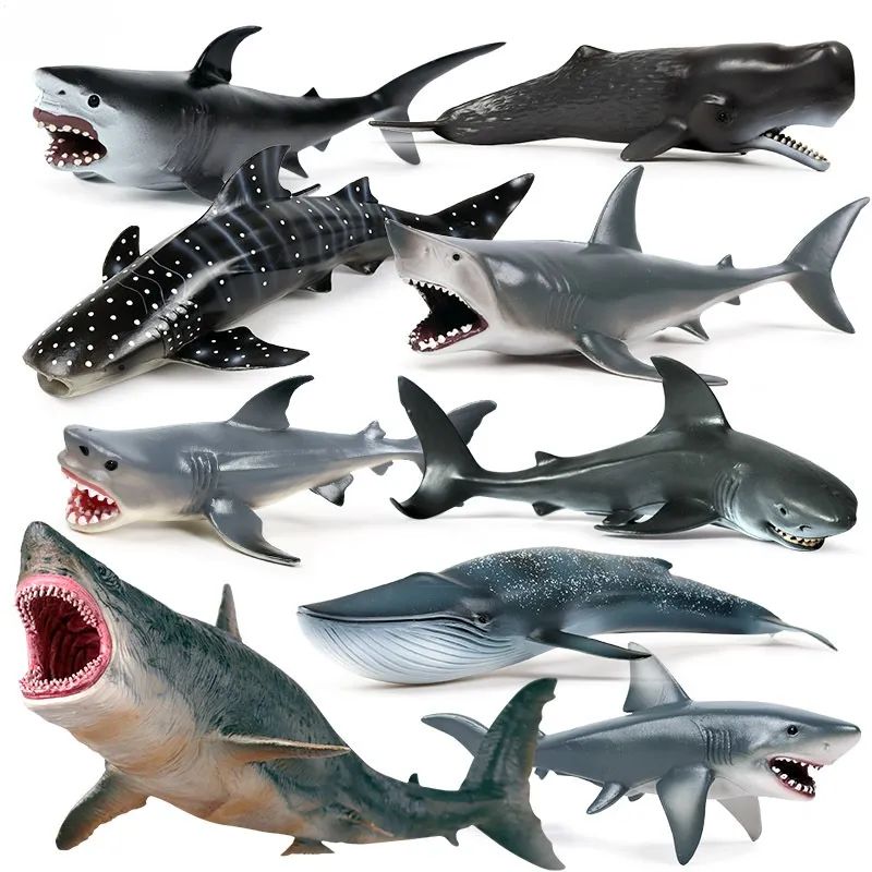 Simulação de criatura do mar modelo grande tubarão branco megalodonte baleia tigre azul brinquedo decoração