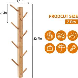 Lot de 2 patères murales verticales en bambou pour vestes, chapeaux, peignoirs, entrée et salle de bain - Product Image 1