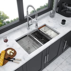 Évier de cuisine sous plan 30x19x10 à double bac 50/50 en acier inoxydable nickel brossé, design ferme - Product Image 5