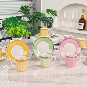 Colorful Geometric Ceramic Coffee Cup And Saucer <b>Set</b> 6 Pieces Bone China Espresso Cups For Home Kitchen And Afternoon Tea - Product Image 4