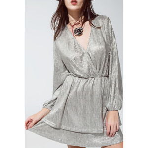 Abito lungo avvolgente a maniche lunghe con balze argento - Product Image 1