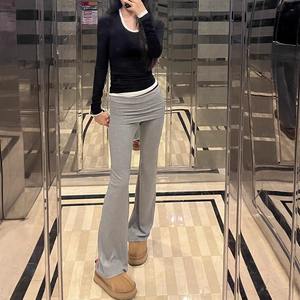 <span class=keywords><strong>Pantalon</strong></span> de survêtement évasé à double couche avec taille large et ourlet roulé, design classique, basiques pour le quotidien féminin - Product Image 4