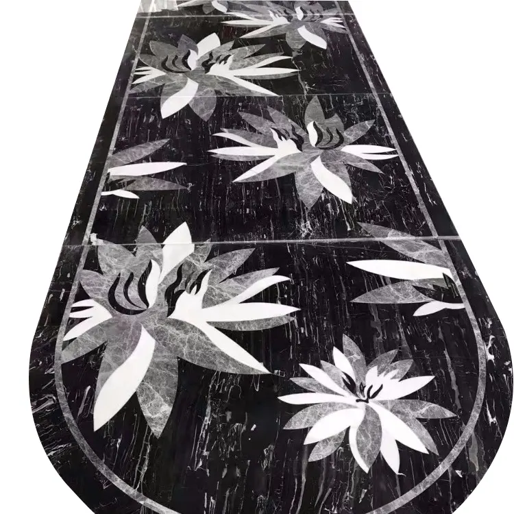 Black and white water lily waterjet marble design for flooring