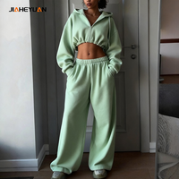 Survêtements pour femmes de haute qualité, logo personnalisé, sweats à capuche courts à fermeture éclair et pantalons de survêtement à jambes larges, ensembles de 2 pièces, fabricants de vêtements de sport