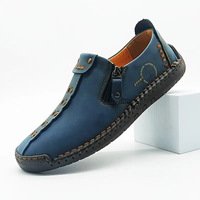 Sepatu Loafer Kulit Asli Pria dengan Resleting Samping, Model Slip-On, Motif Kotak-Kotak, Ujung Bulat, Sol Karet Ringan, Sepatu Kasual untuk Berjalan