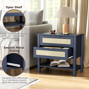 Rattan Nightstand With 2 Drawers Storage Shelf Boho <b>Bedside</b> <b>Table</b> For Bedroom - Product Image 6