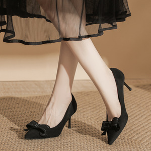 Zapatos de Tacón de Ante con Punta Puntiaguda Estilo Coreano, con Lazo en el Talón, para Mujer, Elegantes para el Verano, Uso Diario, Color Nude y Negro, 6 cm - Product Image 4