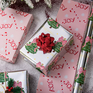 Silver Christmas Tree Pattern <b>Gift</b> Wrapping Paper Double-Sided Metallized with Pink <b>Bow</b> Design for Holiday Packaging - Product Image 2