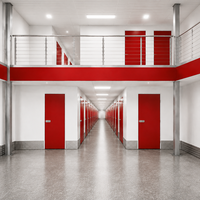 Unité de stockage à deux étages avec mezzanine, porte rouge, garde-corps métallique, mur blanc en acier