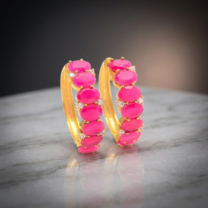 Boucles d'oreilles pendantes en calcédoine fuchsia et pierres CZ, en argent sterling 925 plaqué or, bijoux tendance pour unisexe, idéales pour un anniversaire - Product Image 2