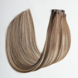 Deha için sıcak satış el bağlı görünmez atkı çift çizilmiş ham bakire avrupa Remy saç uzatma sarışın Balayage ipeksi düz - Product Image 2