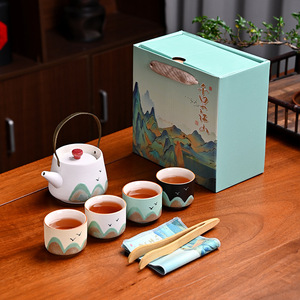 Service à thé en céramique peint à la main « Mille milles de rivières et de montagnes », coffret cadeau pour souvenir d'affaires, créatif et culturel - Product Image 1