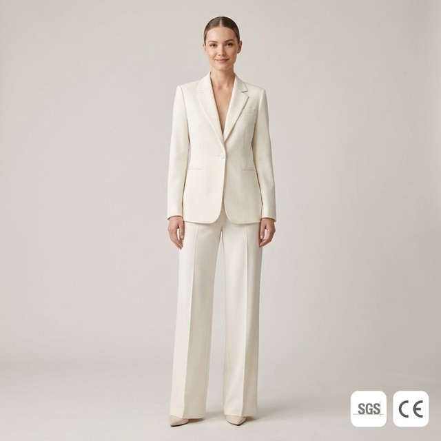 Custom Effortless Solid Woven Minimalist Women Tailored Blazer Wide Leg Trouser Suit Set OEM ODM Anti Wrinkle Workwear Boutique