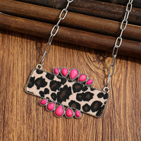 Collar con Colgante Geométrico de Animales, Estilo Bohemio Retro Exótico, Chapado en Plata Antigua, Aleación de Zinc, Incrustaciones de Turquesa con Estampado de Leopardo, para Mujer