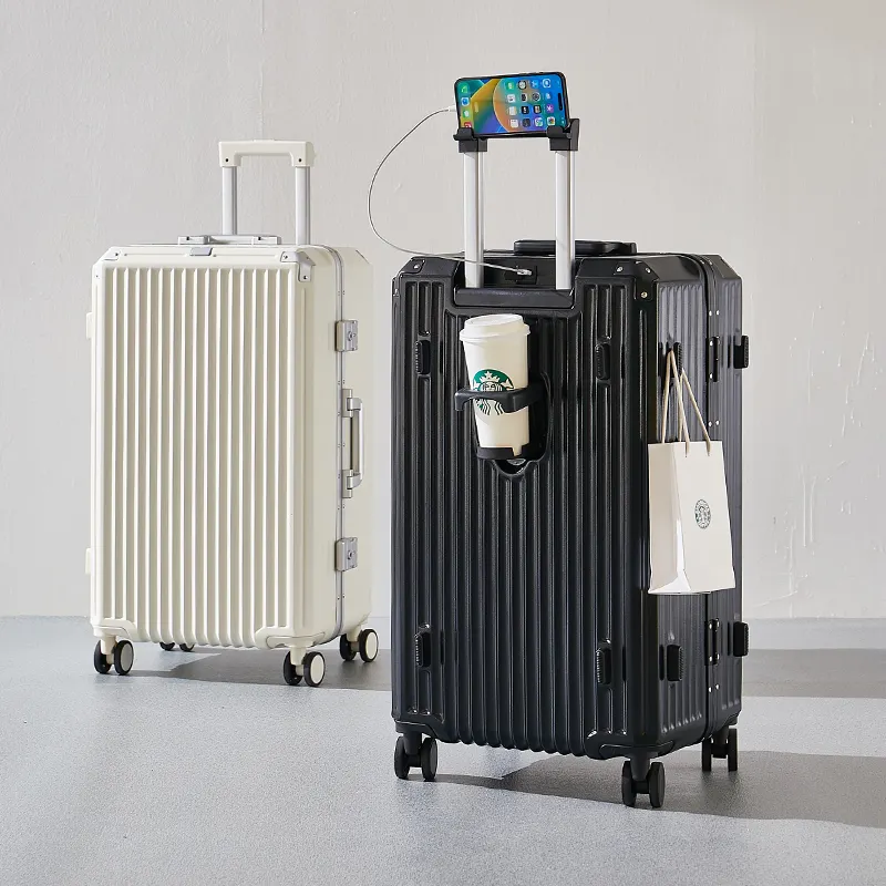 カップホルダーローリングアルミニウムスーツケース付きのスタイリッシュな多機能イエローキャリーオンラゲッジサイドフック