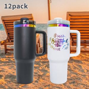 แก้วสแตนเลสสตีล H2.0 ขนาด 40 ออนซ์ แบบพกพาสำหรับกิจกรรมกลางแจ้ง พร้อมฝาปิด 12 ชิ้น สลักโลโก้ด้วยเลเซอร์เคลือบสีรุ้งแบบพ่นเคลือบผง - Product Image 1