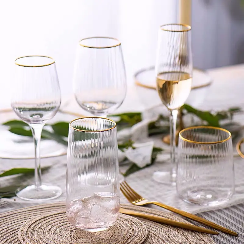結婚式の食器鉛フリークリスタルカスタム手作りゴールドリム赤ワインシャンパンゴブレットグラス1399