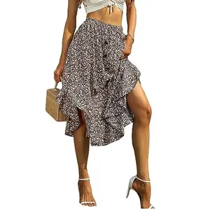 女性用フローラルプリントボタンフロントデザインoemカスタマイズ可能なフリル裾ハイウエストAラインミディスカート