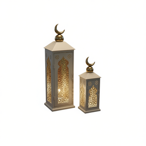 Metal decorative <b>lantern</b> with crescent top laser cut panels for Ramadan Eid table decor <b>candle</b> holder home lighting - Product Image 1