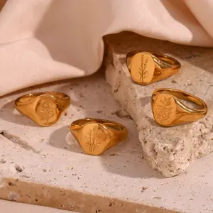 Đồ trang sức thời trang Nhẫn tối giản Hoa Hướng Dương con dấu thép không gỉ 18K mạ vàng nhẫn cho phụ nữ
