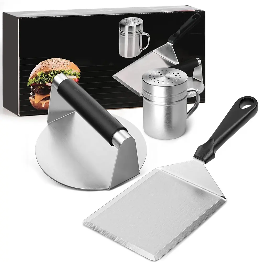 3Pieces Hamburger Press Tool Kit Burger Smasher Spice Shaker Stainless Steel BBQ Spatula Grill Tools Kit Set Griddle Accessories