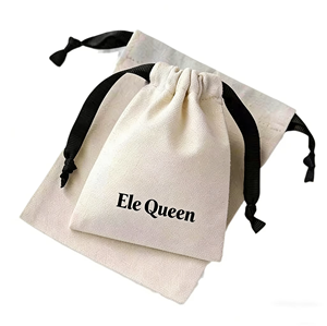 Custom Logo Cotton <b>Drawstring</b> Jewelry Pouch Reusable White Canvas Storage <b>Bag</b> with Black Ribbon for Gifts - Product Image 1