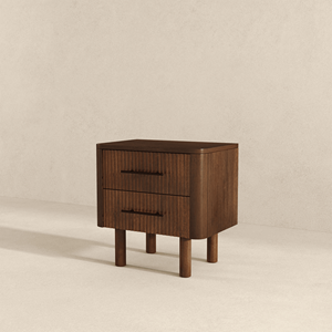 DB Logan Mid Century Mesita de noche moderna de nogal Mesa auxiliar de cama con 2 cajones Smart ACacia MDF Madera Diseño antiguo para apartamentos - Product Image 4