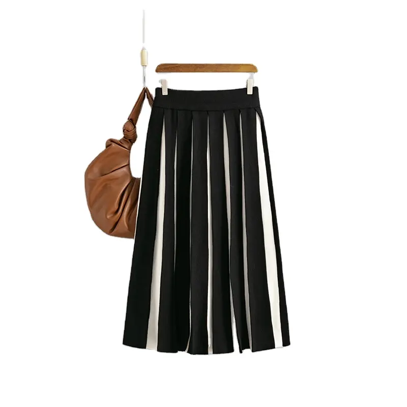 Wholesale beautiful fashion high waist knit sweater long skirt for women Retro knitted skirt Mid length pleated skirt