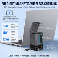 Chargeur de bureau multi-ports à charge rapide 105W GaN à double rétraction, chargeur sans fil magnétique 2-en-1, port USB-C 65W, prise universelle