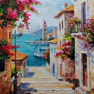 Pintura al Óleo de Callejón Mediterráneo, Paisaje Costero, Lienzo Pintado a Mano, Arte Mural Realista con Flores y Mar - Product Image 2