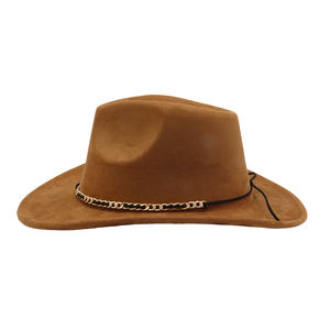 OEM venta al por mayor de ala ancha mujeres Unisex falso lana poliéster <span class=keywords><strong>Ha</strong></span> gamuza vaquero occidental Fedora sombreros con cadena Bowknot Band - Product Image 3