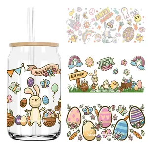 Pâques lapin oeuf printemps fleurs UV DTF autocollant pour 16OZ Libbey verre tasse peut envelopper transfert autocollant étiquettes personnalisées bricolage Logo