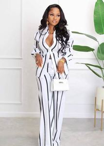 Último Diseño Conjunto de Dos Piezas para Mujer Ropa de Blusas de Manga Larga y Pantalones de Pierna Ancha a Rayas - Product Image 5