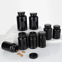 Bouteille de pilules en PET de qualité alimentaire en gros, 50cc, 100cc, 120cc, 150cc, 200cc, noire, vide, pour le stockage de médicaments et de capsules, avec couvercles