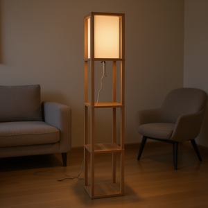 Lámpara de Pie de Madera Natural de Estilo Novedoso con Pantalla de Papel Beige, Base E27, Cuerpo de Hierro, Diseño Rectangular para Dormitorio o Sala de Estar - Product Image 2