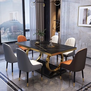 Tavolo da pranzo rettangolare in pietra sinterizzata di lusso moderno Set 4 6 posti sala da pranzo in marmo nero dorato arredo Design - Product Image 4