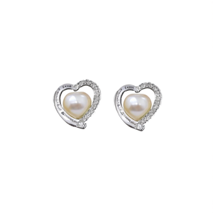 E4205 Orecchini a cuore in oro bianco 18 carati con perla Akoya rotonda di qualità AAA, montatura a castone, gioielli romantici da donna per matrimonio - Product Image 1