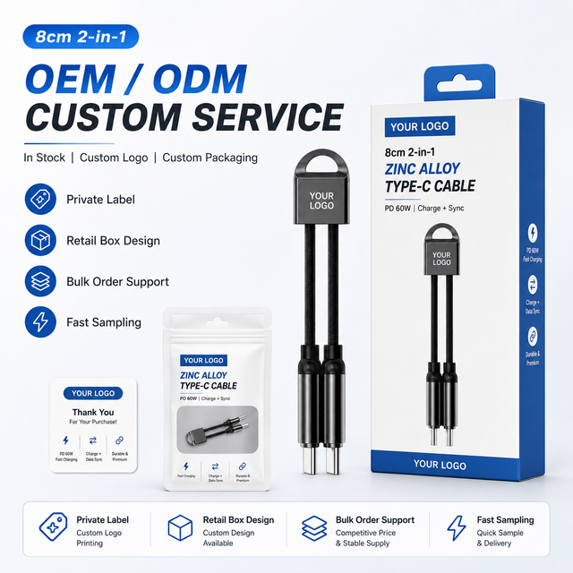 Manufactory Direct New 8cm 2-in-1 Zinc Alloy Type C Cable Fast Charging Data Sync QC Supported Printer Phone Tablet Accessories