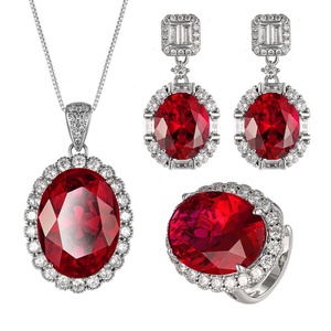 High Quality Eco-friendly Copper Oval Cut 15*20mm Red Cubic Zirconia Wedding Bridal Necklace <b>Earrings</b> Rings 3Pcs Jewelry <b>Set</b> - Product Image 1