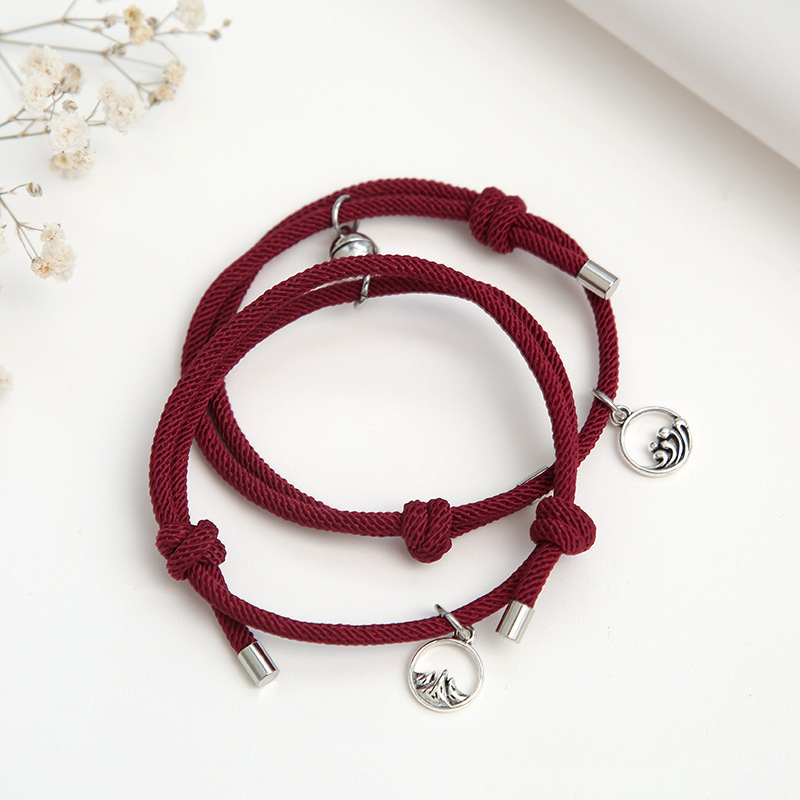 Magnetic Sun & Moon Couple Bracelets | Adjustable Matching Bracelet Set For Him & Her (Burgundy)