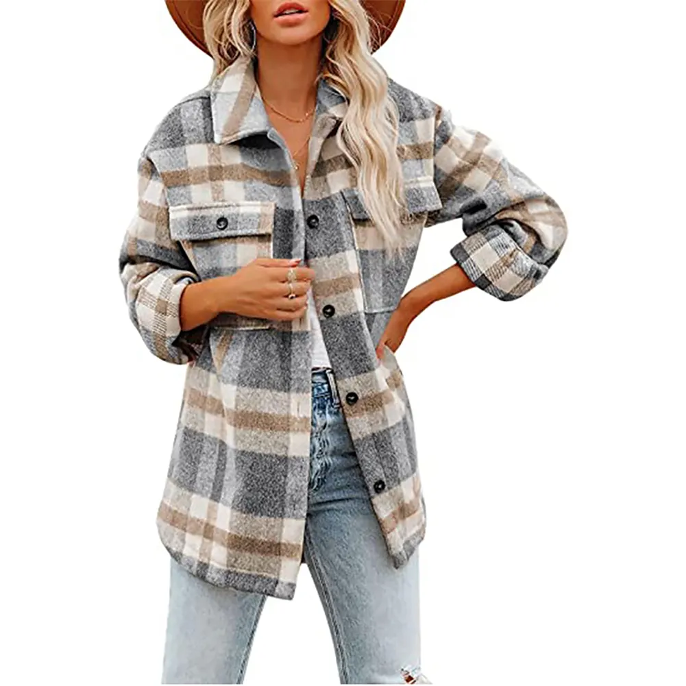 Wholesale Custom Long Sleeve Plaid Shacket Flannel Shirt Jacket for Women