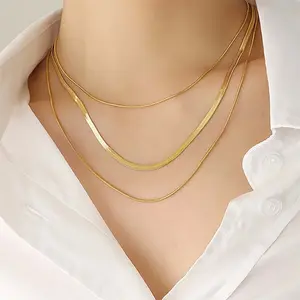 Wholesale 18K PVD Plated Tarnish Free Waterproof Herringbone Chain 3 Layer Snake Chain Stainless Steel Necklace For Women